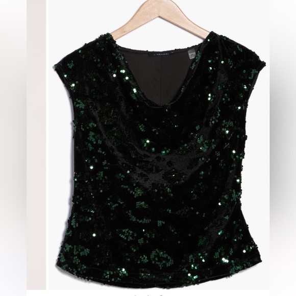 T-Tahari Elegant Sequin Black and Green Top - Cowl Neck & Cap Sleeve - Picture 3 of 4